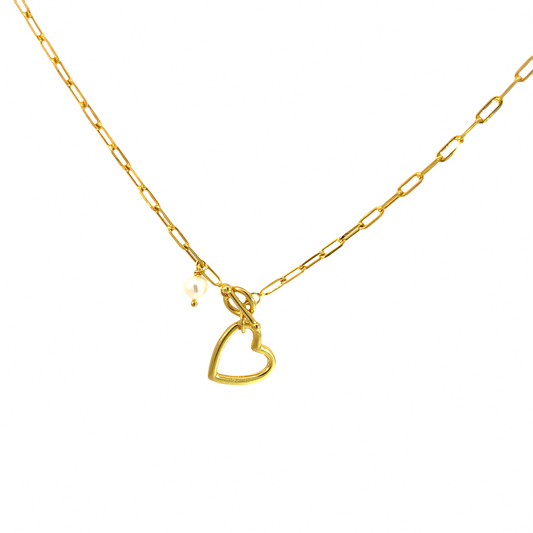 Pearl heart necklace with elegant paper clip necklace