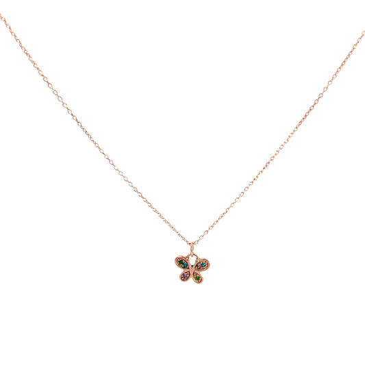 925 Silver Rose Gold-Plated Butterfly Pendant Necklace with Colored Stones