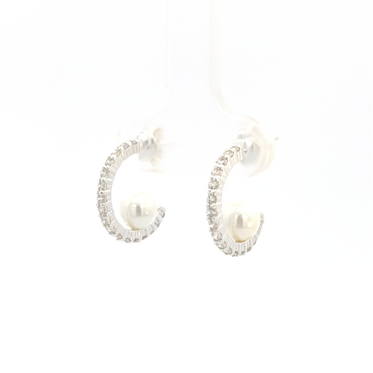 925 Silver Pearl and Zirconia C-Shape Earrings