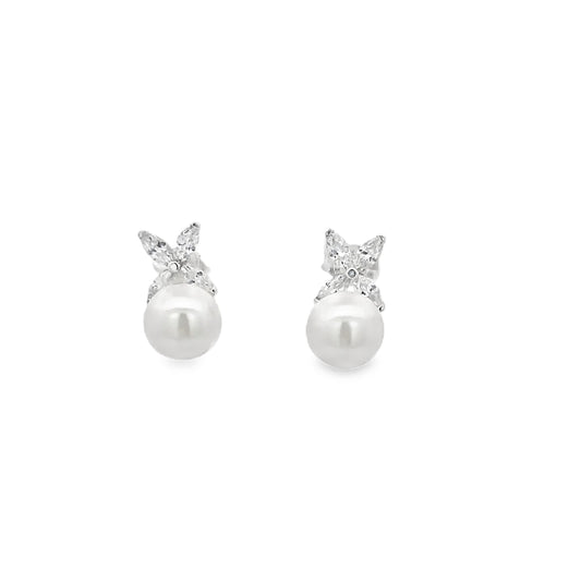 925 Silver Pearl Stud Earrings with Crystal Accents