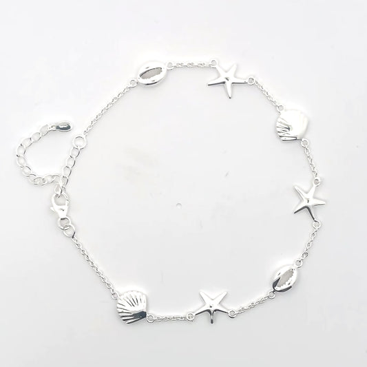 Fußkettchen aus 925er Sterlingsilber mit Meeresanhängern – Verstellbare Passform