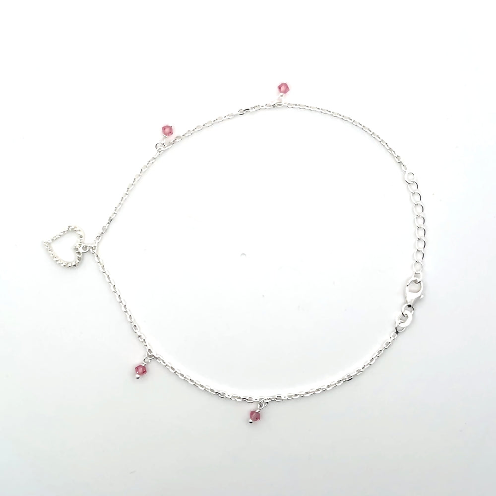 Fußkettchen aus 925er Silber mit Herzanhänger und rosa Perlen