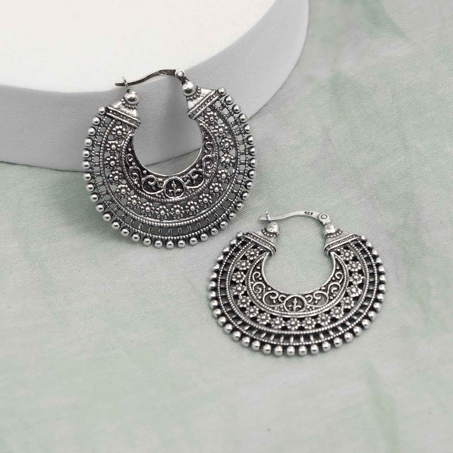 925 Silver Filigree Hoop Earrings with Floral and Beaded Design