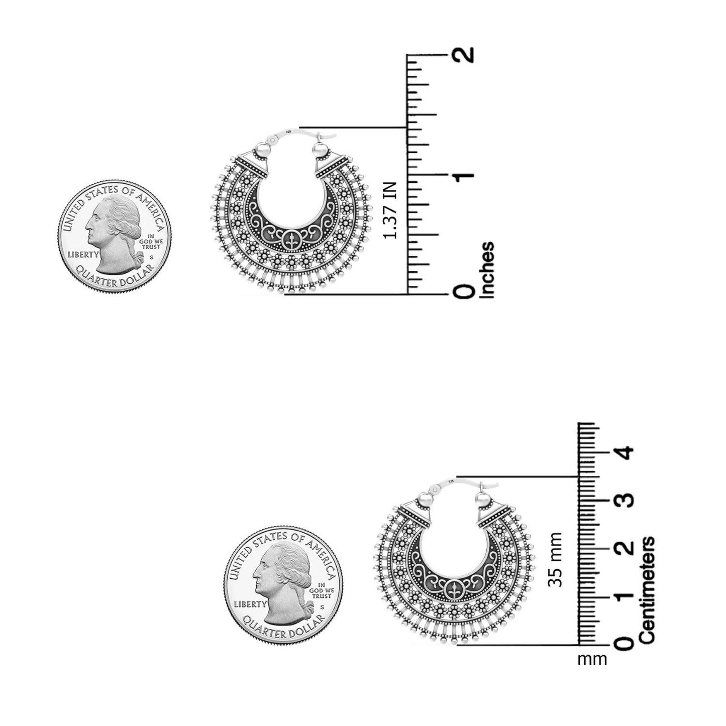 925 Silver Filigree Hoop Earrings with Floral and Beaded Design