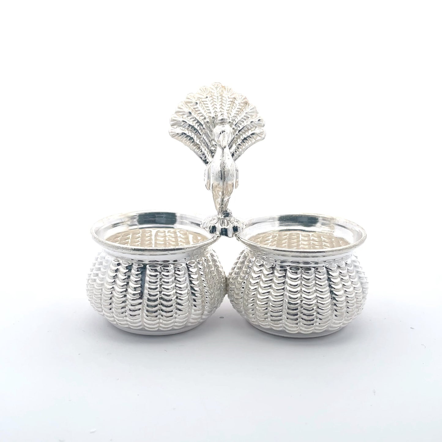 925 Silver Small Haldi Kumkum Set with Peacock Design