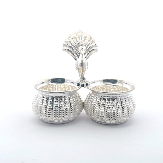 Kleines Haldi-Kumkum-Set aus 925er Silber mit Pfauendesign