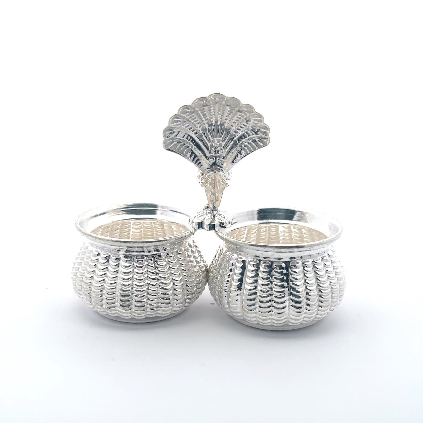925 Silver Small Haldi Kumkum Set with Peacock Design