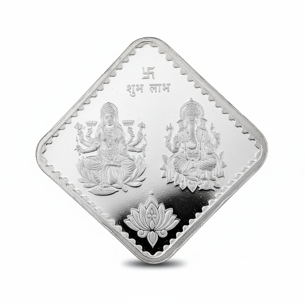999 Silver 10g Square Lakshmi Ganesh Coin with Om Lotus Design