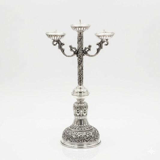 925 Silver Antique Oxidized 3-Arm Floral Candle Holder