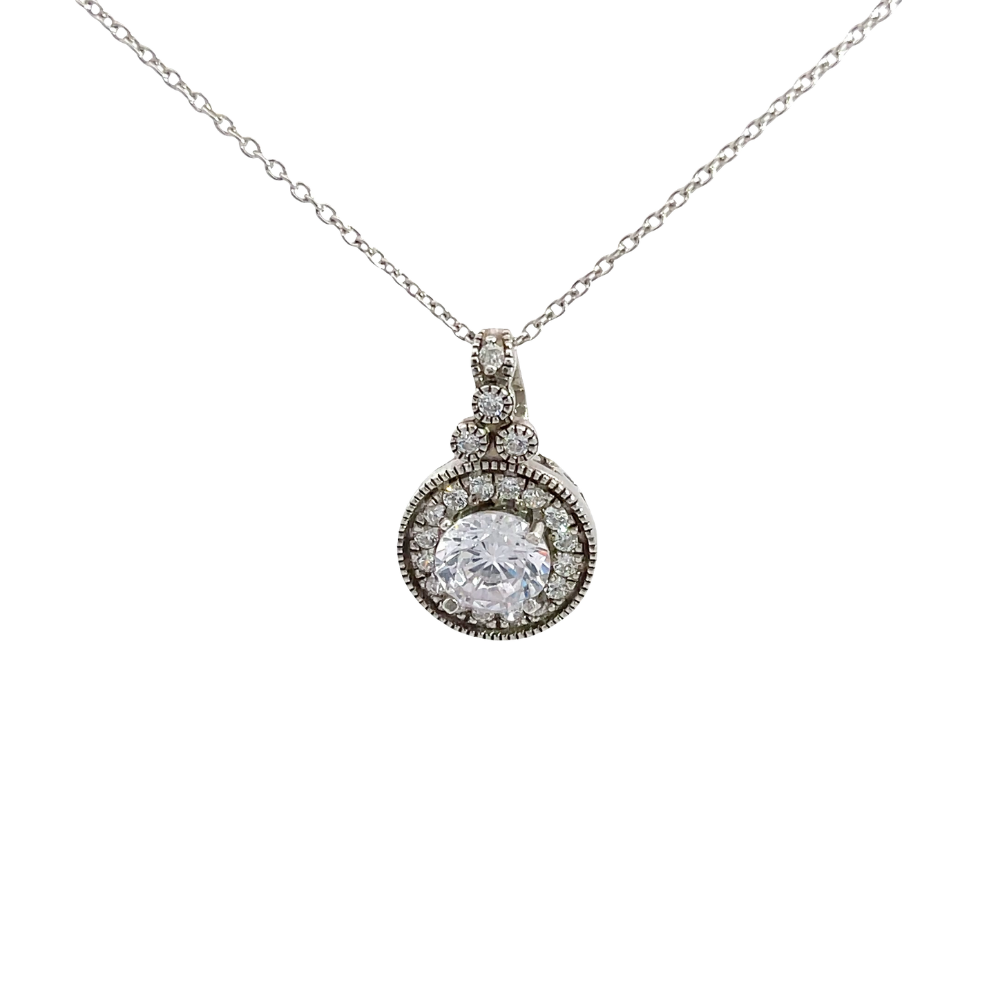 Chain with round zircon pendant with oxidised finish