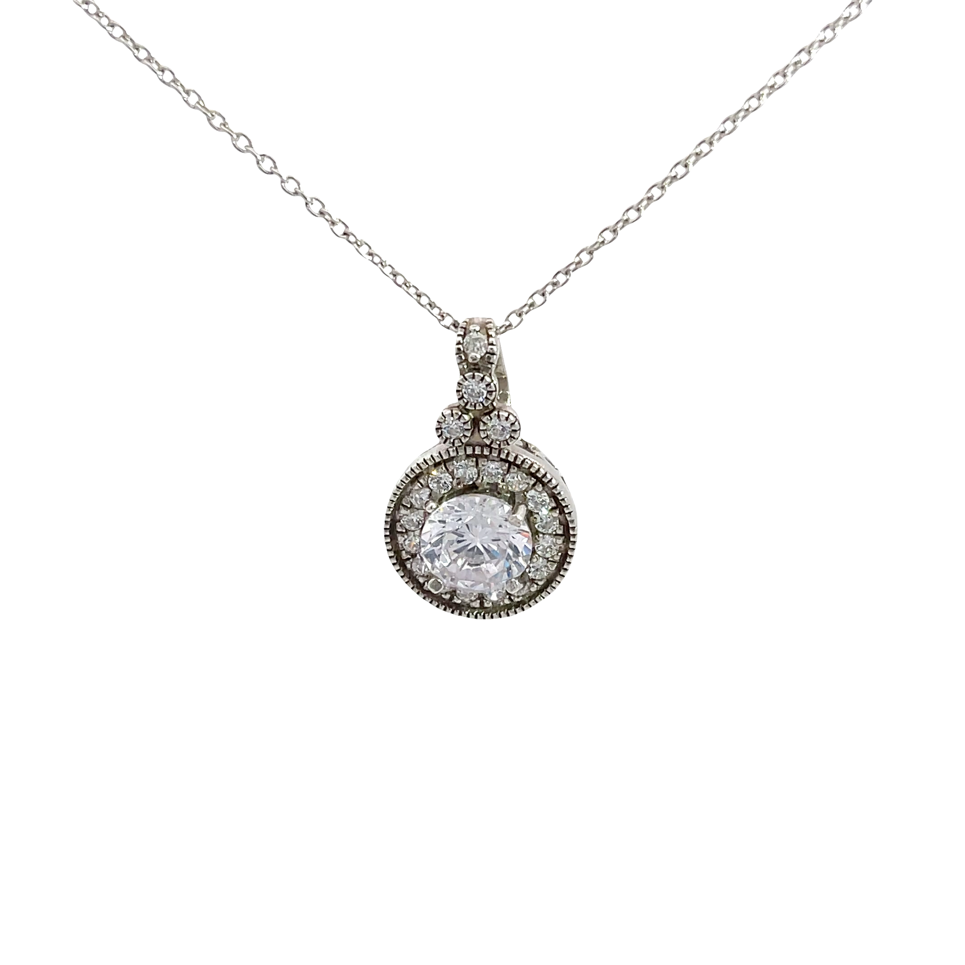 Chain with round zircon pendant with oxidised finish