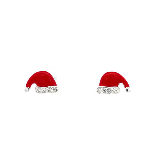 925 Silver Santa Hat Stud Earrings with Red Enamel and Crystal Accent