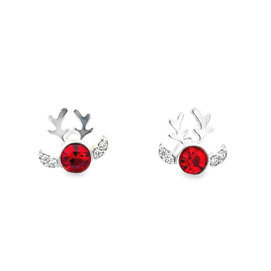 925 Silver Christmas Reindeer Stud Earrings with Red Crystal