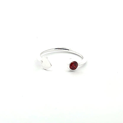 925 Silver Adjustable Ring with Heart and Red Stone