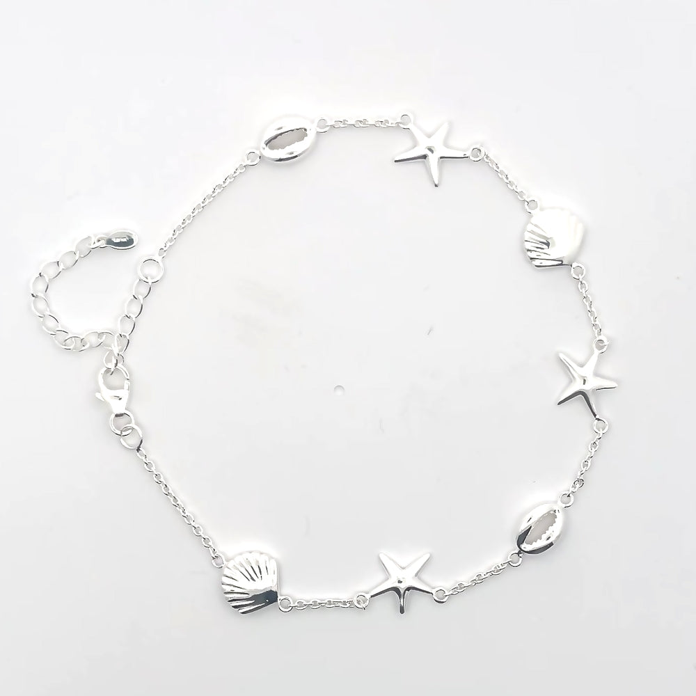 Fußkettchen aus 925er Sterlingsilber mit Meeresanhängern – Verstellbare Passform