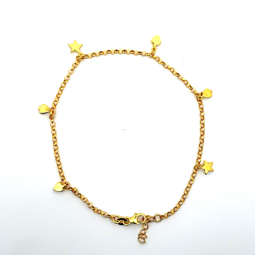 Fußkettchen aus 925er Sterlingsilber, 14 Karat gelbvergoldet, mit Stern- und Herzanhängern