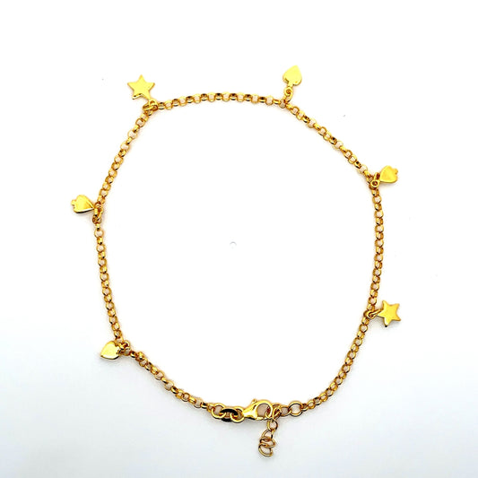 Fußkettchen aus 925er Sterlingsilber, 14 Karat gelbvergoldet, mit Stern- und Herzanhängern