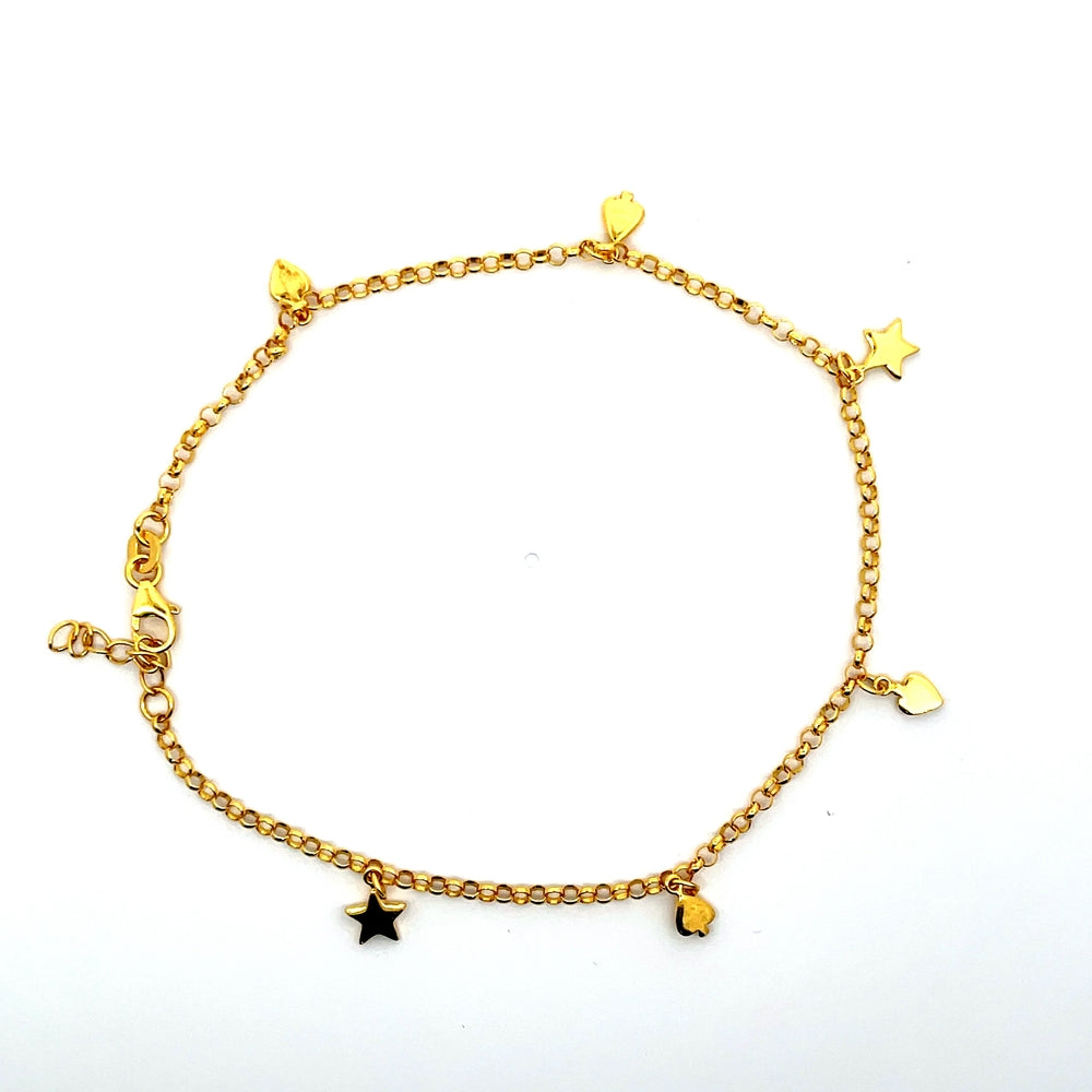 Fußkettchen aus 925er Sterlingsilber, 14 Karat gelbvergoldet, mit Stern- und Herzanhängern