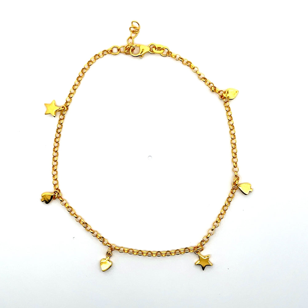Fußkettchen aus 925er Sterlingsilber, 14 Karat gelbvergoldet, mit Stern- und Herzanhängern