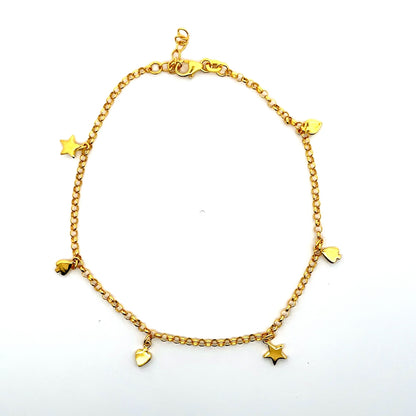 Fußkettchen aus 925er Sterlingsilber, 14 Karat gelbvergoldet, mit Stern- und Herzanhängern