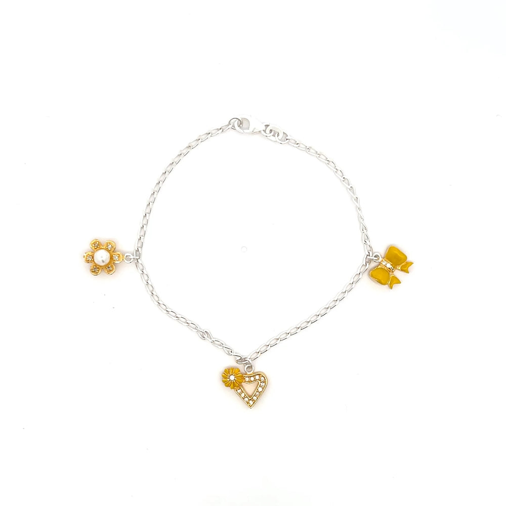 Silbernes Kinder-Charm-Armband mit Blumen und Herzen