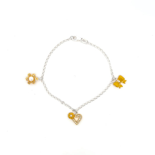 Silbernes Kinder-Charm-Armband mit Blumen und Herzen