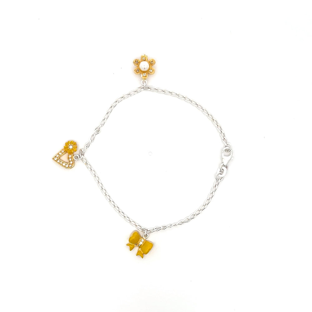 Silbernes Kinder-Charm-Armband mit Blumen und Herzen