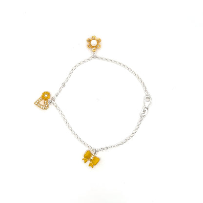 Silbernes Kinder-Charm-Armband mit Blumen und Herzen