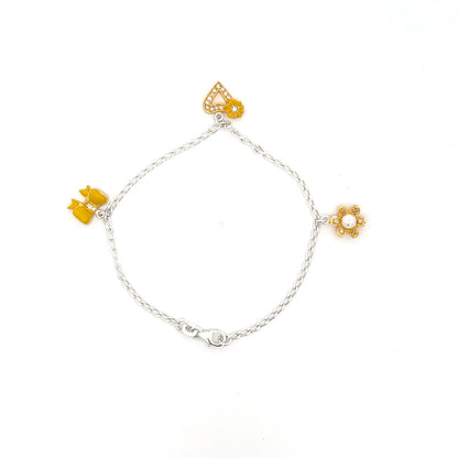 Silbernes Kinder-Charm-Armband mit Blumen und Herzen