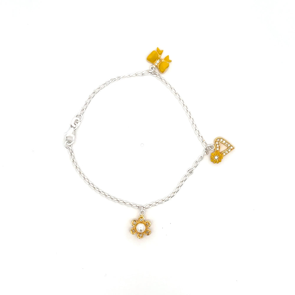 Silbernes Kinder-Charm-Armband mit Blumen und Herzen