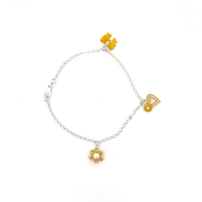 Silbernes Kinder-Charm-Armband mit Blumen und Herzen