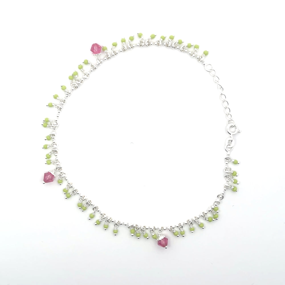 Fußkettchen aus 925er Silber mit grünen und rosa Perlen