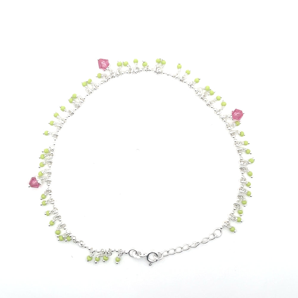 Fußkettchen aus 925er Silber mit grünen und rosa Perlen