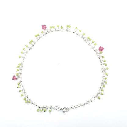 Fußkettchen aus 925er Silber mit grünen und rosa Perlen