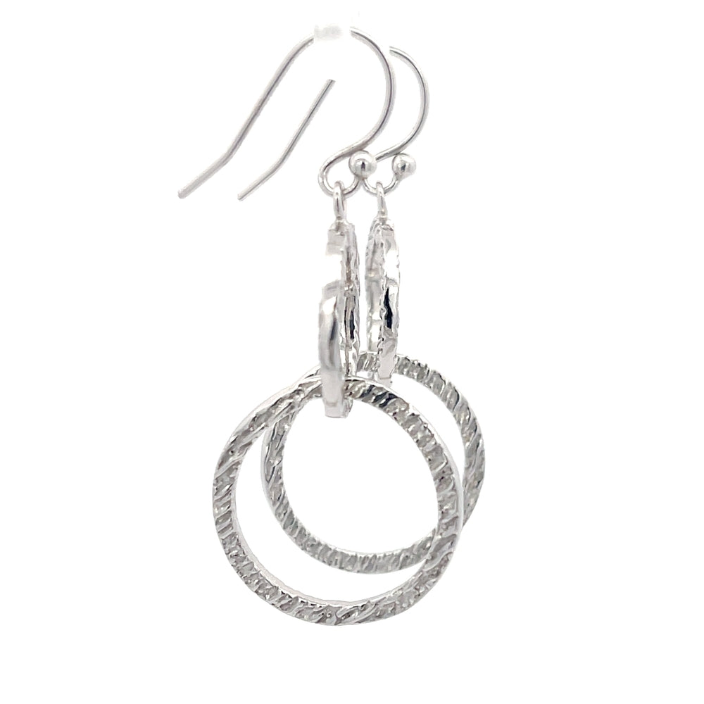 925 Silver Textured Double Circle Drop Earrings