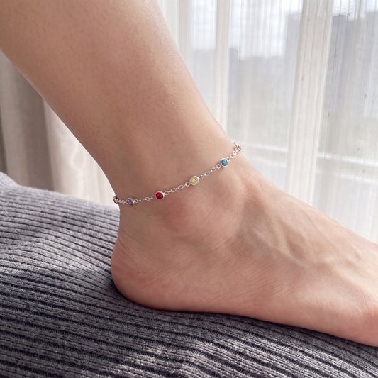 925 Silver Anklet with Colorful Stones