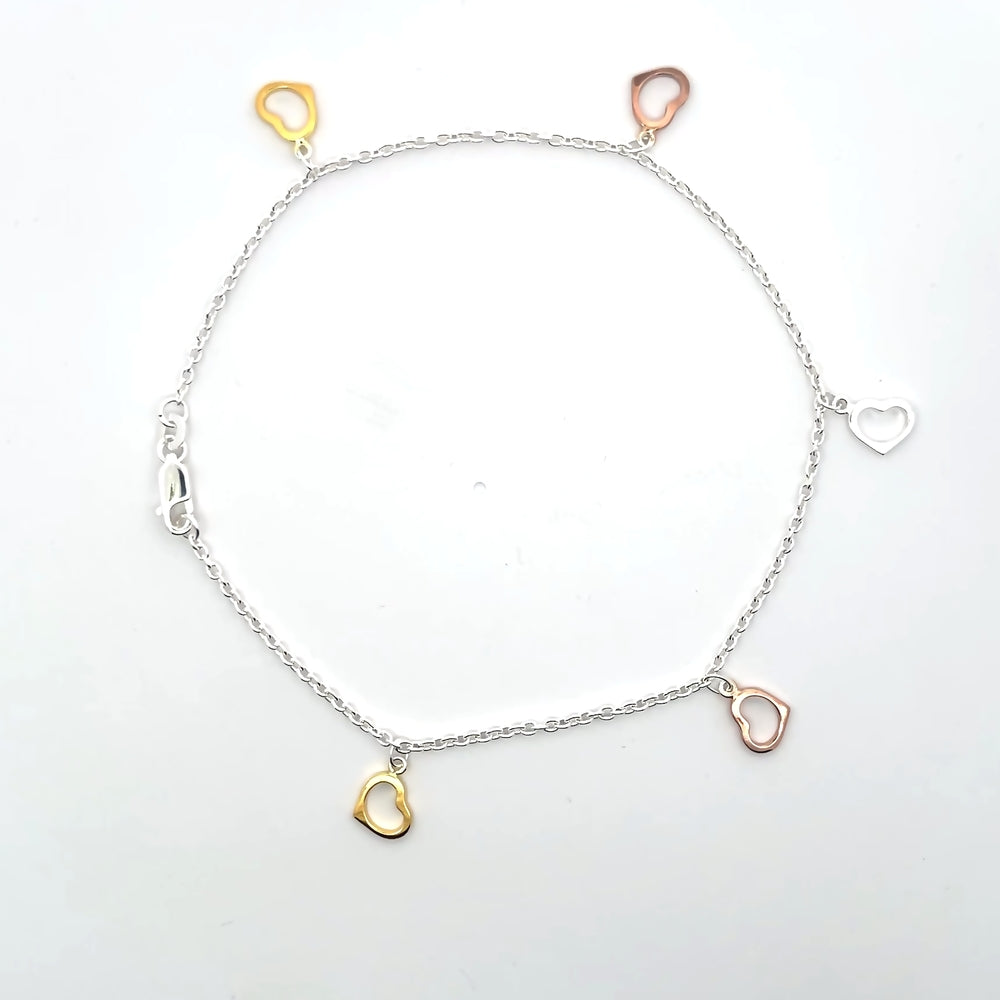 Fußkettchen aus 925er Silber mit herzförmigen Anhängern
