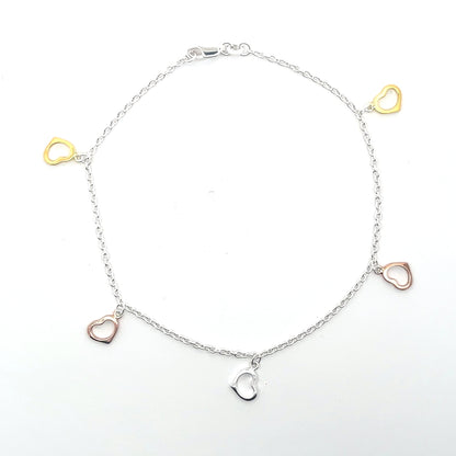 Fußkettchen aus 925er Silber mit herzförmigen Anhängern