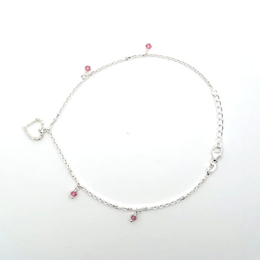 Fußkettchen aus 925er Silber mit Herzanhänger und rosa Perlen
