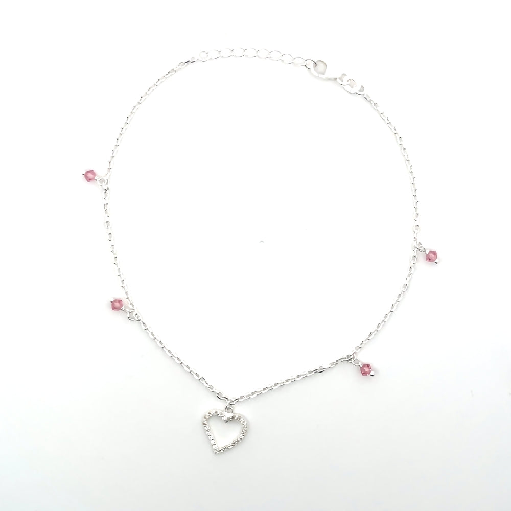 Fußkettchen aus 925er Silber mit Herzanhänger und rosa Perlen