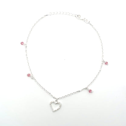 Fußkettchen aus 925er Silber mit Herzanhänger und rosa Perlen