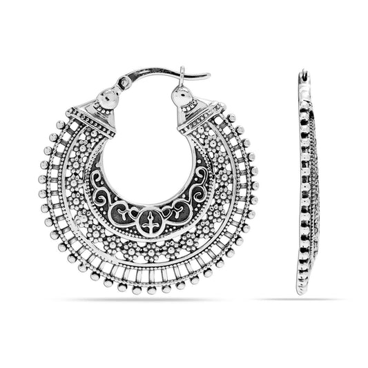 925 Silver Filigree Hoop Earrings with Floral and Beaded Design