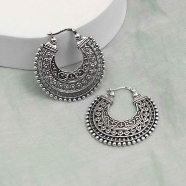 925 Silver Filigree Hoop Earrings with Floral and Beaded Design
