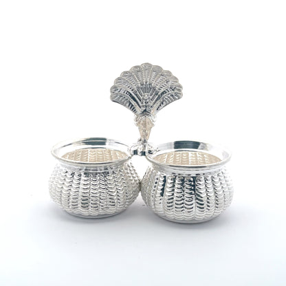 925 Silver Small Haldi Kumkum Set with Peacock Design