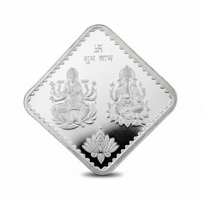 999 Silver 10g Square Lakshmi Ganesh Coin with Om Lotus Design