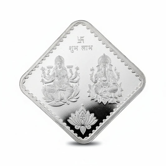 999 Silver 10g Square Lakshmi Ganesh Coin with Om Lotus Design
