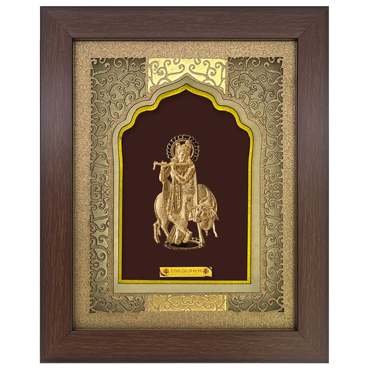 24KT Gold Foil Krishna with Cow Frame