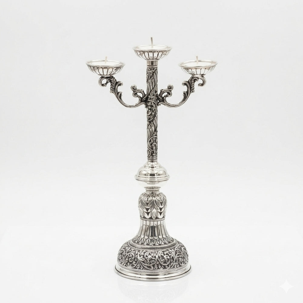 Kerzenständer aus 925er Sterlingsilber, antik oxidiert, mit 3 Armen und Blumenmuster