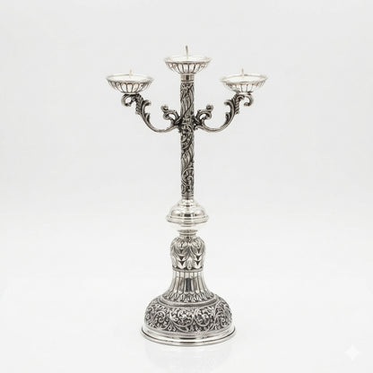 Kerzenständer aus 925er Sterlingsilber, antik oxidiert, mit 3 Armen und Blumenmuster