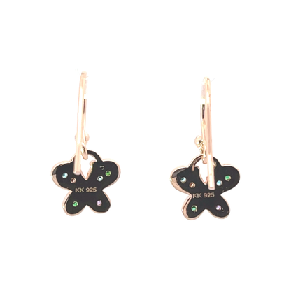 925 Silver Rose Gold-Plated Butterfly Drop Earrings with Multicolor Zircon Stones